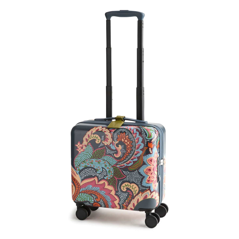 small rolling suitcase with long handle and paisley pattern