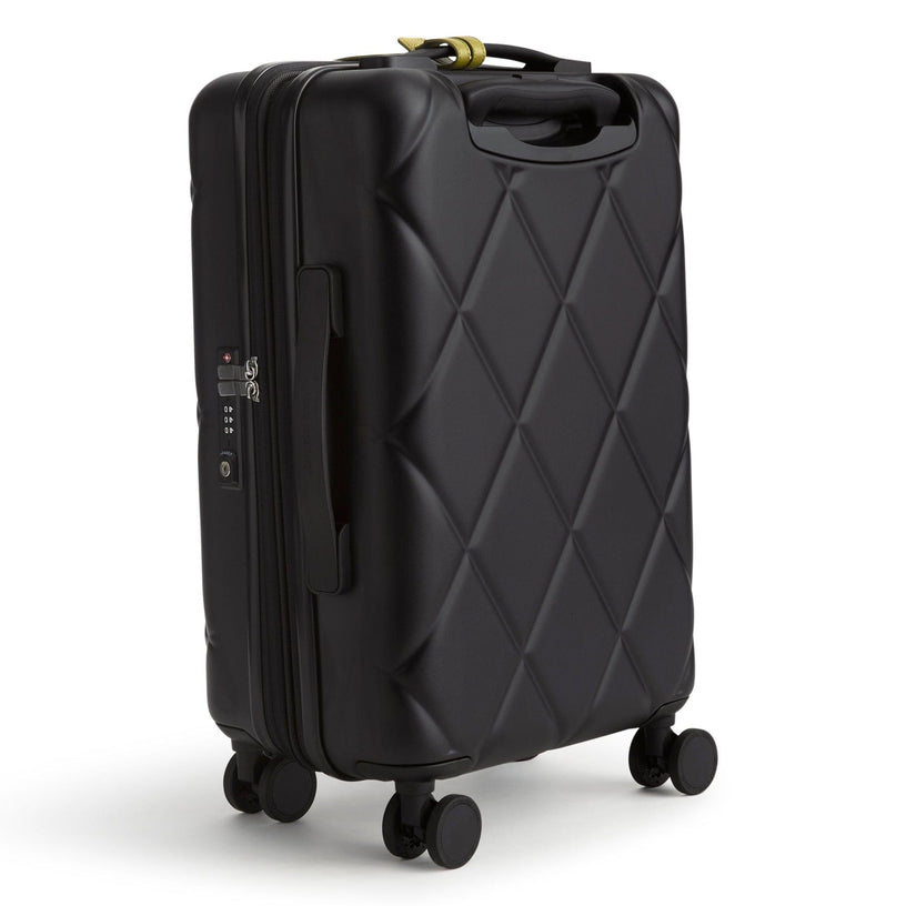small black hardside spinner carry on suitcase with quilted pattern