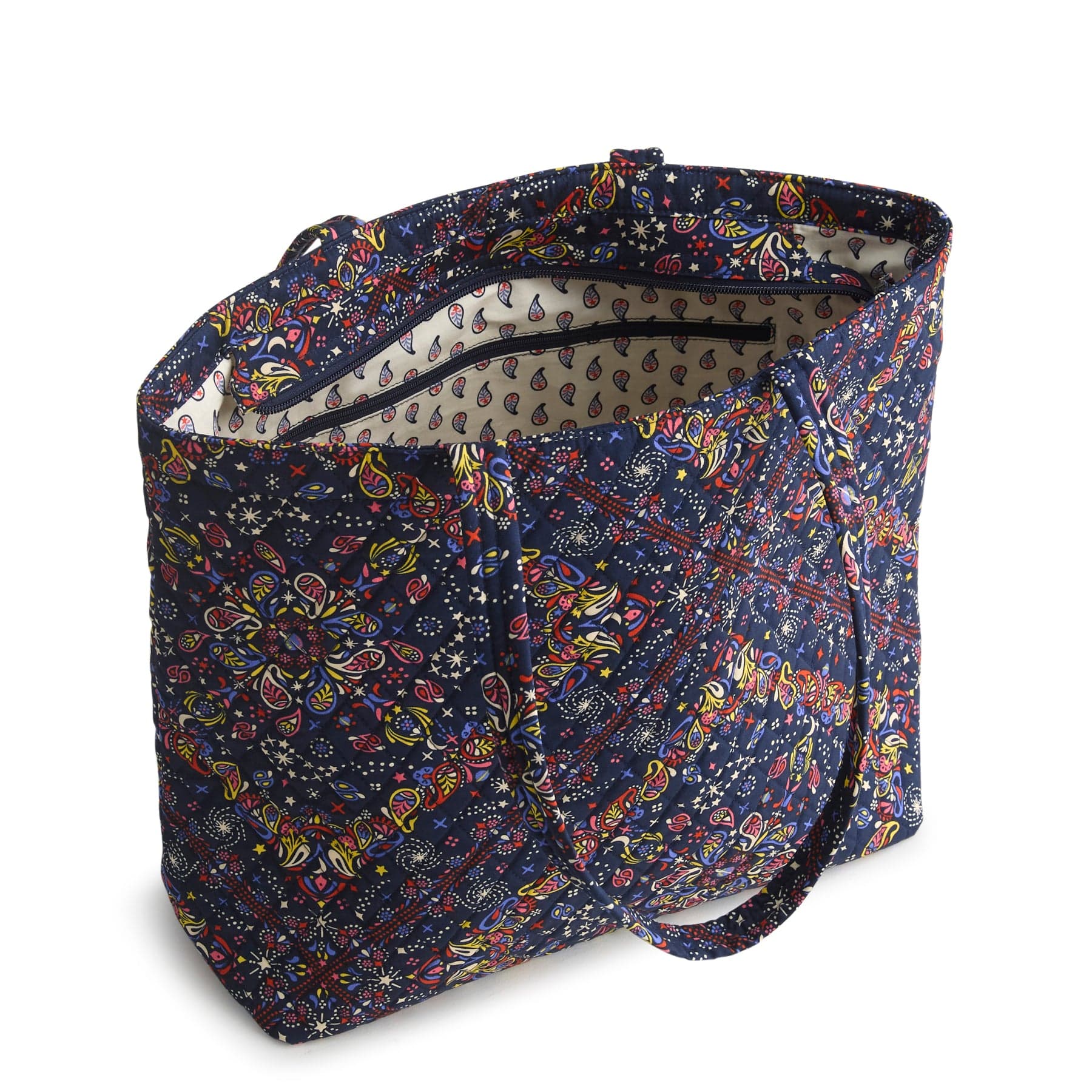 dark blue quilted cotton tote bag with starry pattern shown open with zippered interior pocket